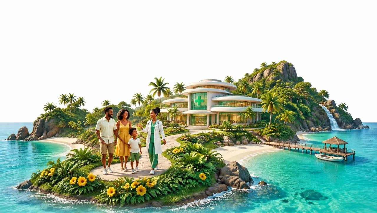 Conceptual illustration of Tobago with a healthcare centre and a family